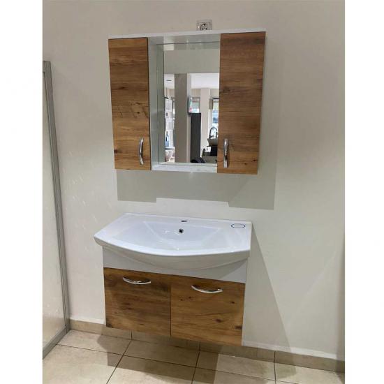 Banyo Dolapı Mdf Ahşap Desen+Lavabo Beyaz 80 Cm